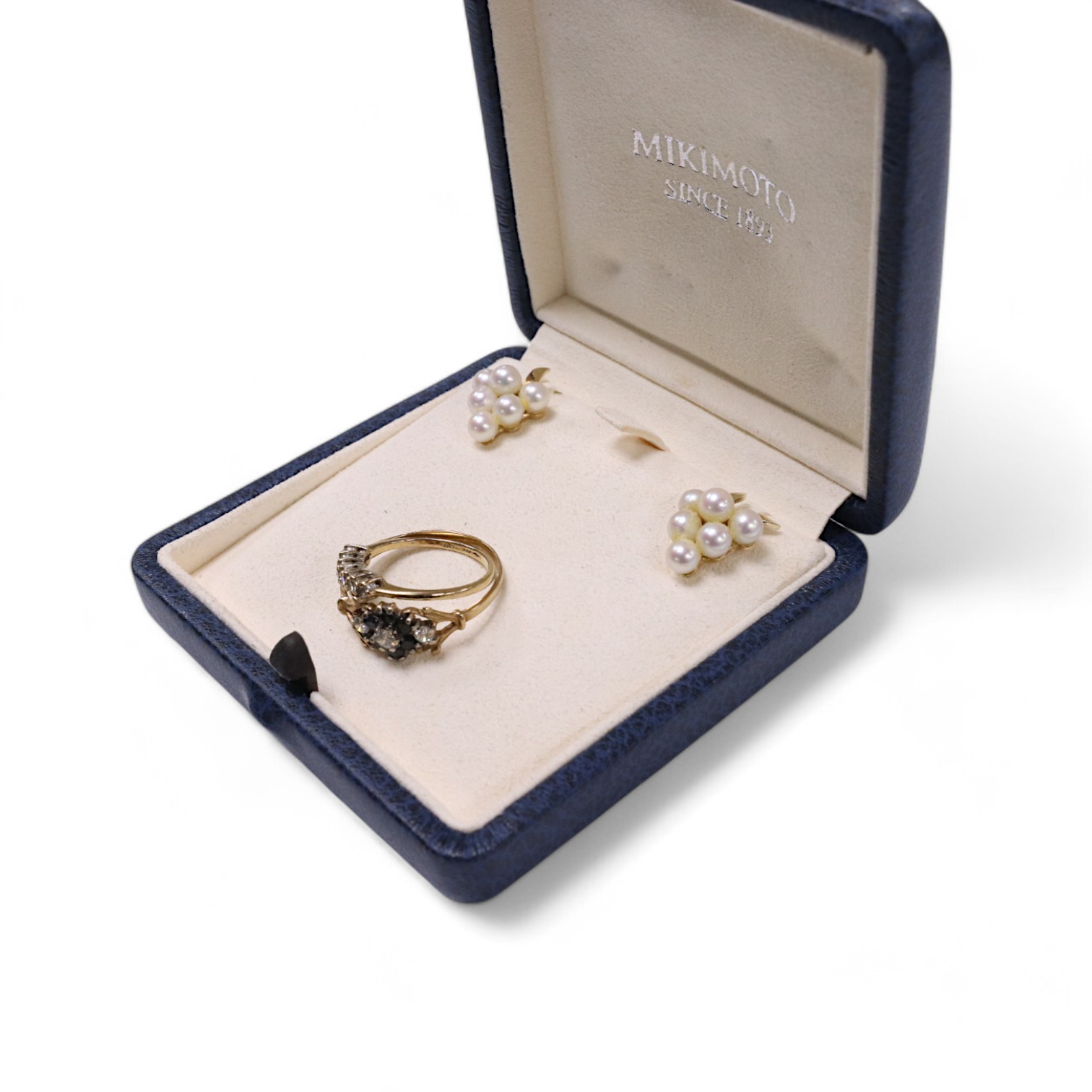 A modern pair of 375 and cluster pearl cluster set earrings, 17mm, in a Mikimoto box, (earrings not signed), together with two modern 9ct gold and gem set rings. Condition - fair